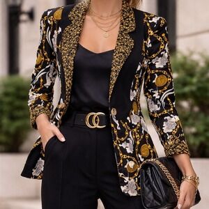 Vintage Style Baroque Chain Coin Print Open Front Blazer Gold Black White